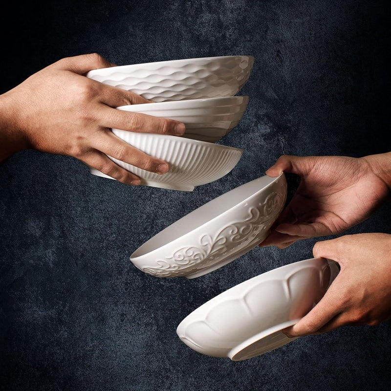 Artena Pasta Bowls 32oz Ceramic Large Salad Bowls Set Serving Bowl of 4 for Soup Entertaining Pasta Noodle Dinner Wide Shallow Microwave Dishwasher Safe 8 inch Embossed Wave - Image 5
