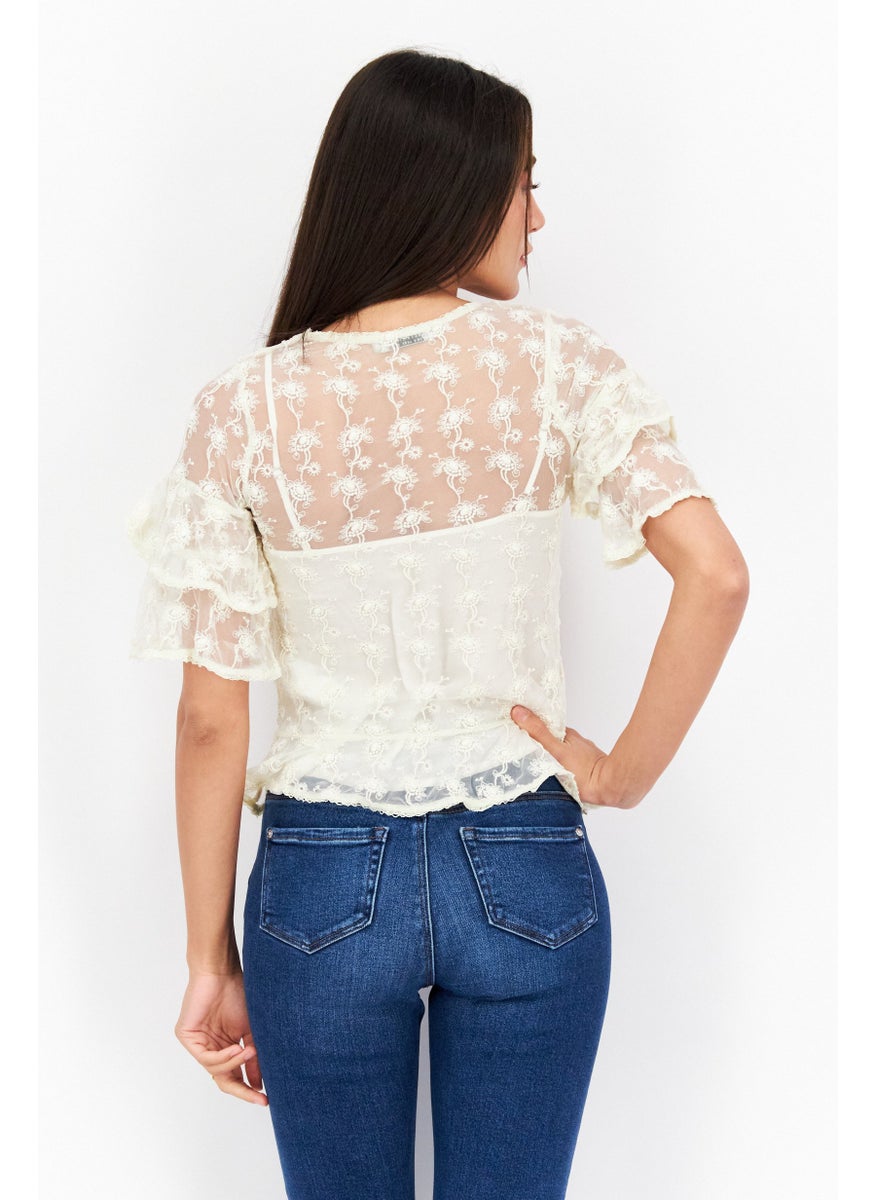 all saints - Women V-Neck Ruffle Sleeve Textured Lace Blouse, Ivory - Image 1
