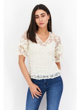Women V-Neck Ruffle Sleeve Textured Lace Blouse, Ivory