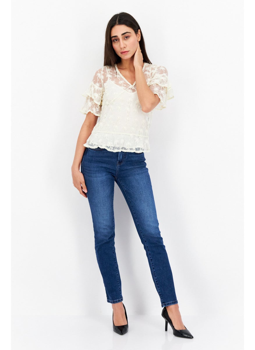all saints - Women V-Neck Ruffle Sleeve Textured Lace Blouse, Ivory - Image 1