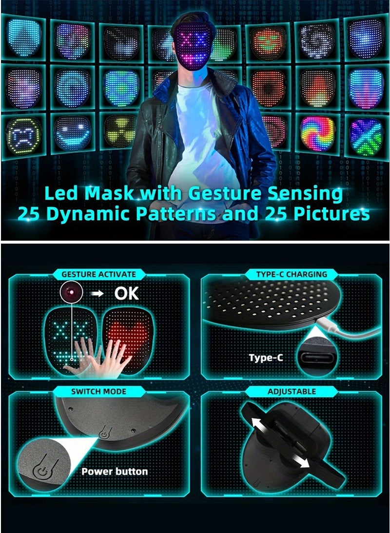 تابيت LED ضوء قناع الوجه مع استشعار الإيماءات ، قناع تحويل الوجه البارد مدمج في 50 صورة ، قناع التوهج القابل لإعادة الشحن لحفلة دي جي هالوين - Image 2