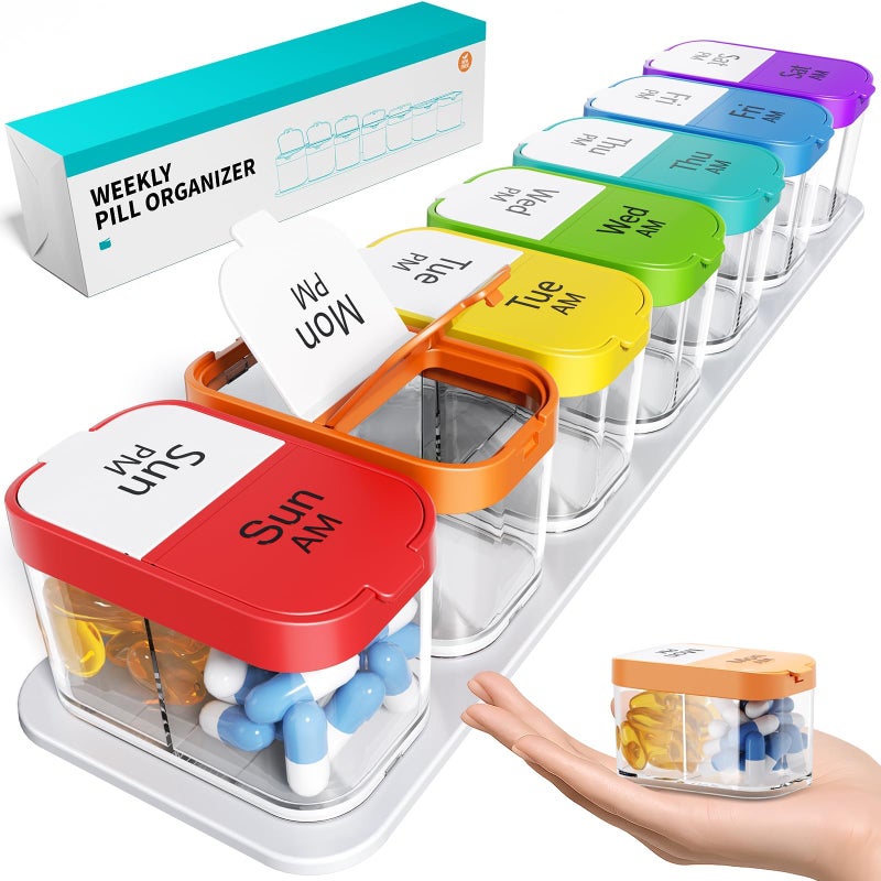 Odaro Extra Large Weekly Pill Organizer, XL Pill Box 7 Day Am Pm, Jumbo Medicine Organizer 2 Times A Day to Hold Daily Medicine Vitamin and Supplements - Rainbow - Image 1