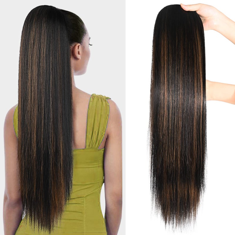 SEIKEA Ponytail Extensions Drawstring Long Straight Fake Pony Tail Natural Soft Clip in Hair Extension Synthetic Heat Resistant Hairpiece 28 Inch Ombre Black Roots Black Caramel Blonde Highlights