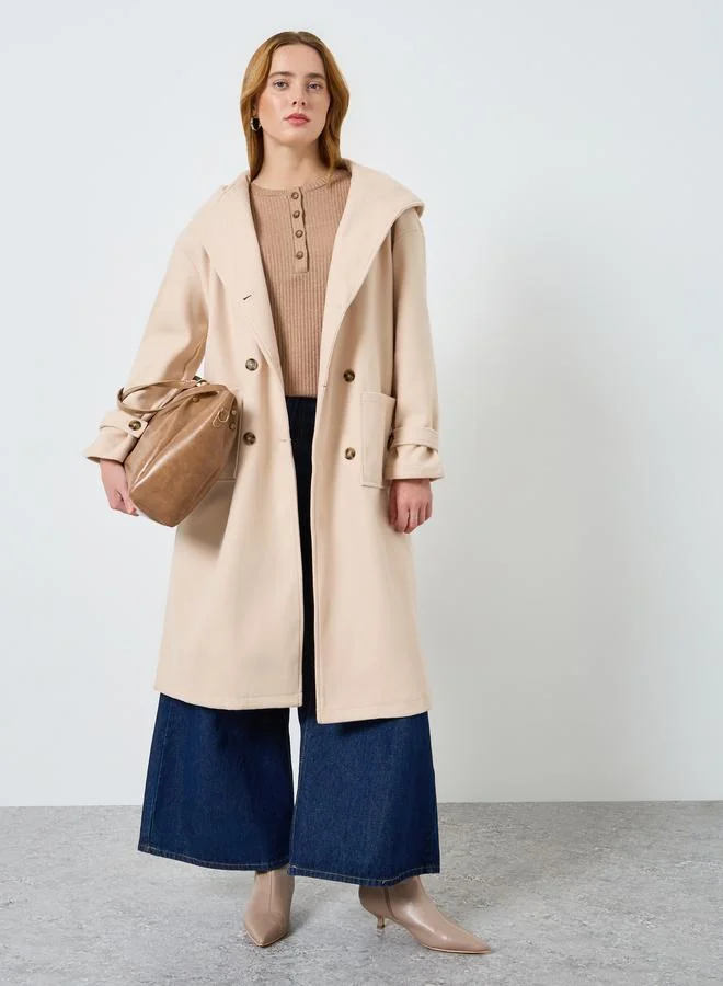 تايك تو معطف سادة مزدوج الصدر بحزام وياقة هودي