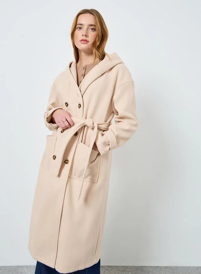 تايك تو معطف سادة مزدوج الصدر بحزام وياقة هودي