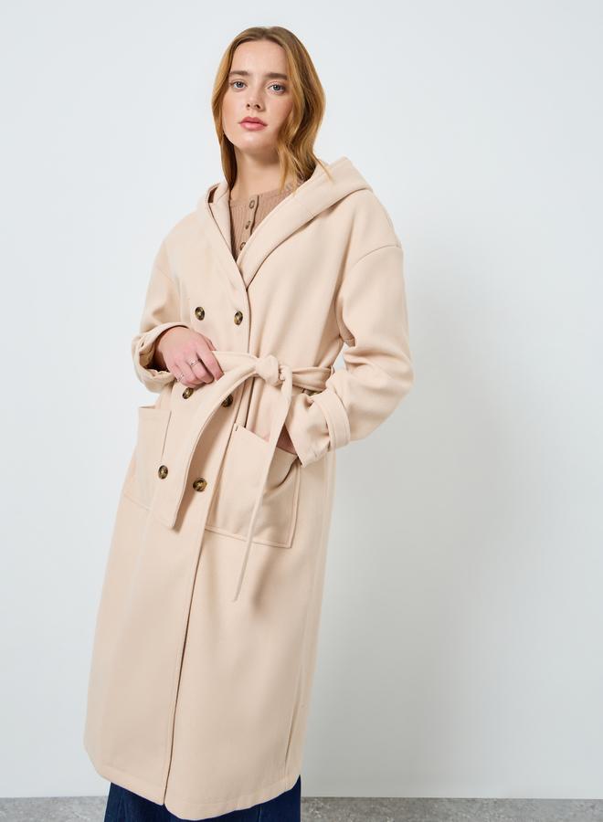 Take Two Women Solid Double-Breasted Hooded Belted Coat - Image 2