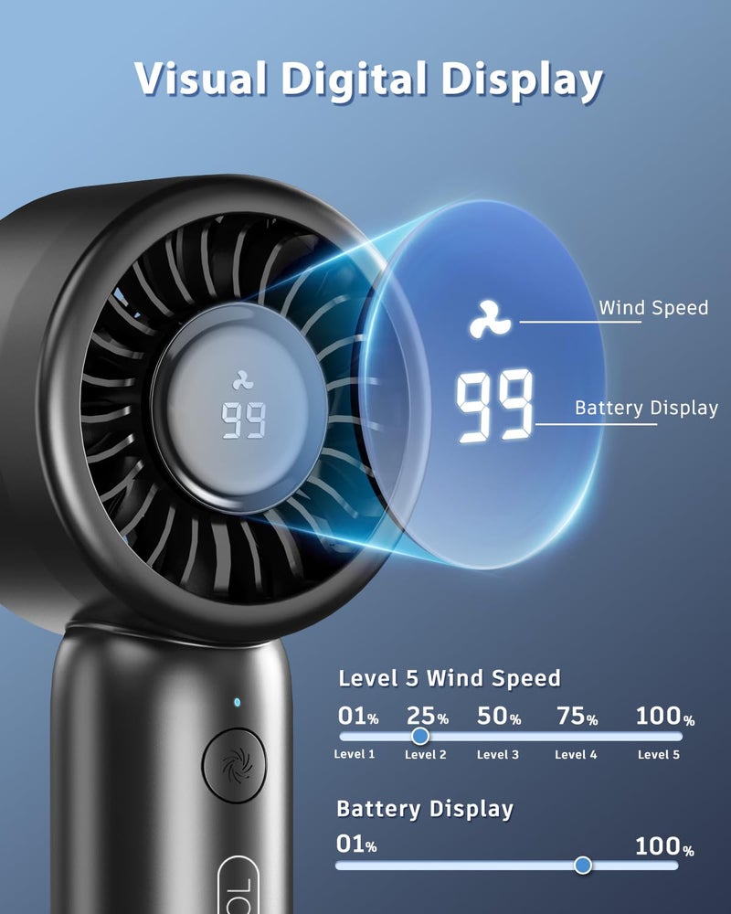 ARCTICOOL Portable Mini Fan with Digital Display - 7500RPM Ultra-Fast Portable Hand Fan, 2000mAh Rechargeable Battery, Pocket-Sized Cooling for Makeup, Travel, and Outdoor Use (Black) - Image 3