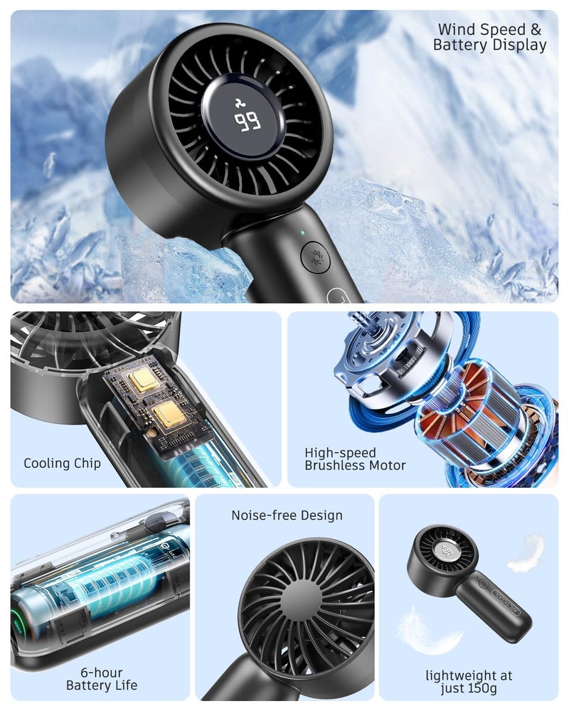 ARCTICOOL Portable Mini Fan with Digital Display - 7500RPM Ultra-Fast Portable Hand Fan, 2000mAh Rechargeable Battery, Pocket-Sized Cooling for Makeup, Travel, and Outdoor Use (Black) - Image 2