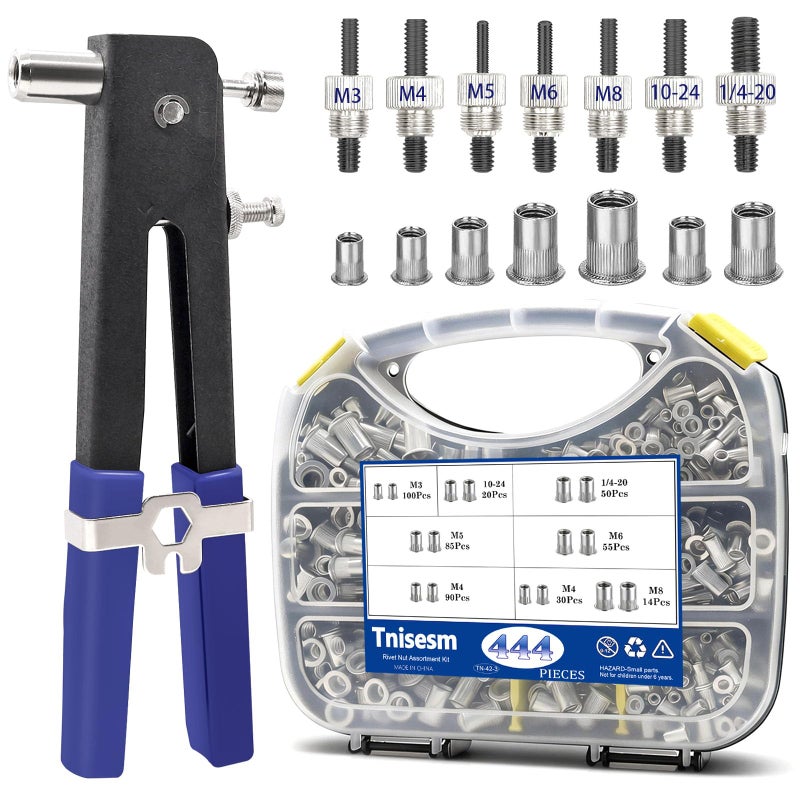 Tnisesm 452Pcs Rivet Nut Tool Kit(1/4-20/10-24/M8/M6/M5/M4/M3),Nutsert Tool Kit with 7 Size SAE & Metric Rivet Nuts Assortment Kit Suitable for Automotive,Industrial Applications - Image 1