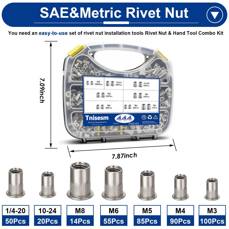 Tnisesm 452Pcs Rivet Nut Tool Kit(1/4-20/10-24/M8/M6/M5/M4/M3),Nutsert Tool Kit with 7 Size SAE & Metric Rivet Nuts Assortment Kit Suitable for Automotive,Industrial Applications - Image 3