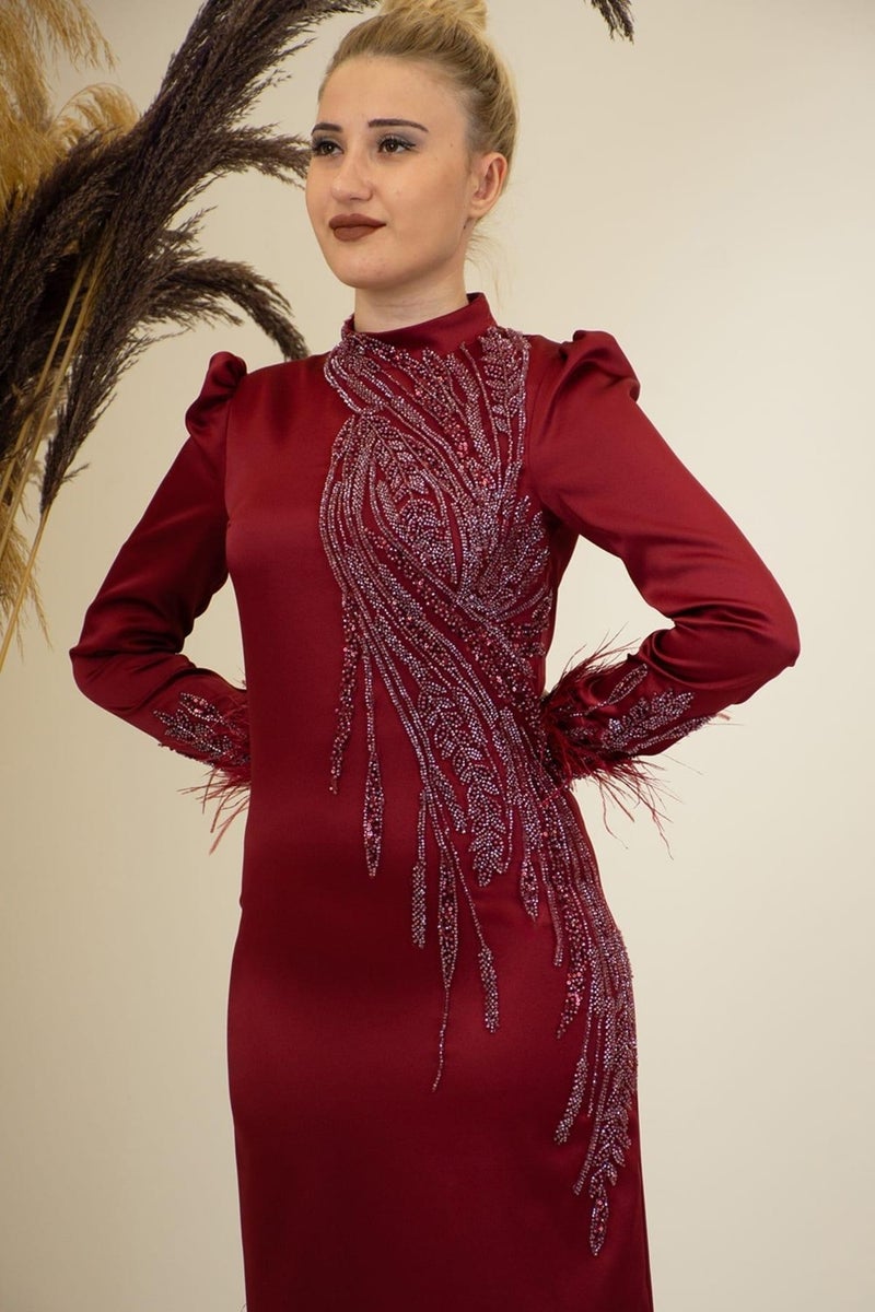 Esilanur Front Beaded Applique Embroidery Sleeves Feathered Nara Hijab Evening Dress Burgundy  - Image 2