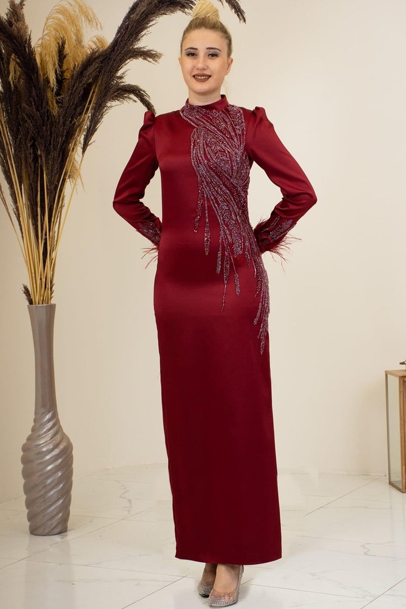 Esilanur Front Beaded Applique Embroidery Sleeves Feathered Nara Hijab Evening Dress Burgundy  - Image 1