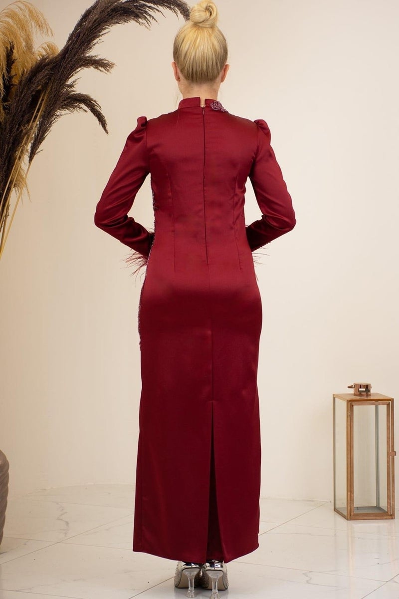 Esilanur Front Beaded Applique Embroidery Sleeves Feathered Nara Hijab Evening Dress Burgundy  - Image 3