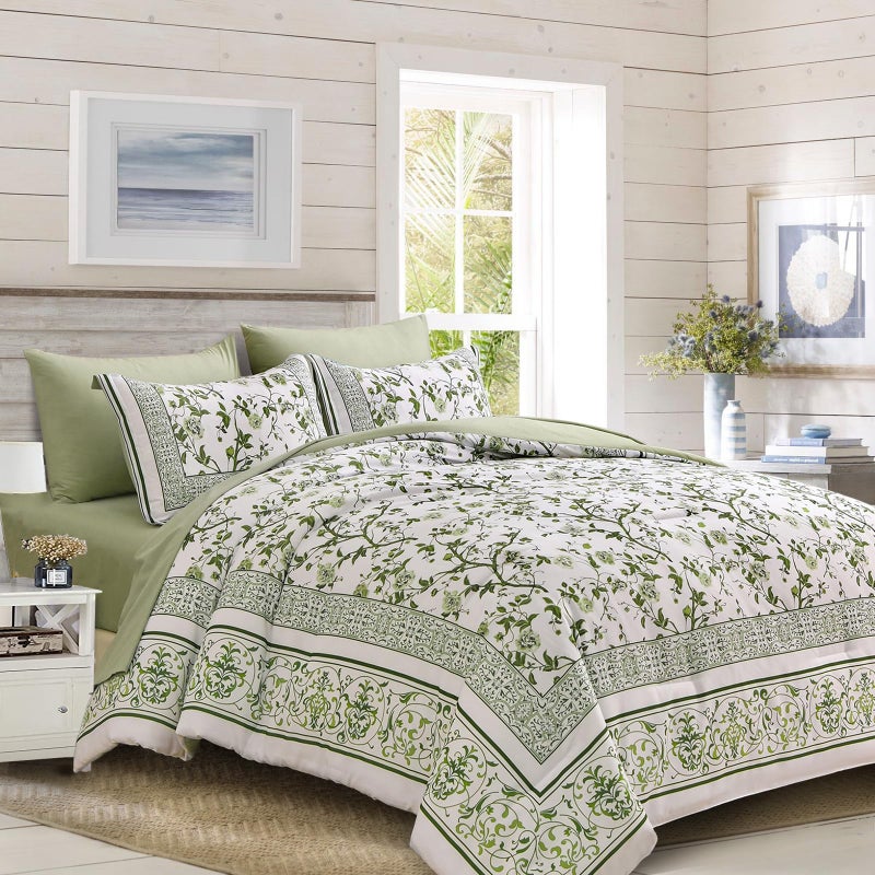 DOBUYLY FLOROLER COMFORTER COMFORTER 7 قطع سرير في حقيبة بحجم كوين الزهور الخضراء على الفراش النباتي الأبيض مجموعة من الألياف الدقيقة الناعمة مجموعات مع أوراق طوال الموسم - Image 2