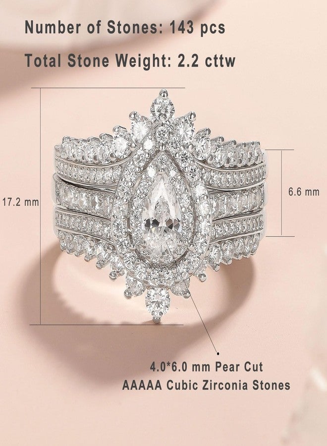 نيو شي جولري مجموعة خواتم زفاف من نيوشي للمجوهرات مرصعة بالزركونيا المكعبة للنساء، مصنوعة من الفضة الإسترليني عيار 925، تتضمن خاتم خطوبة، وخاتم زفاف إضافي، وخاتم زفاف بتصميم كمثري، ومناسب للسفر والذكرى السنوية، مقاس 8. - Image 3