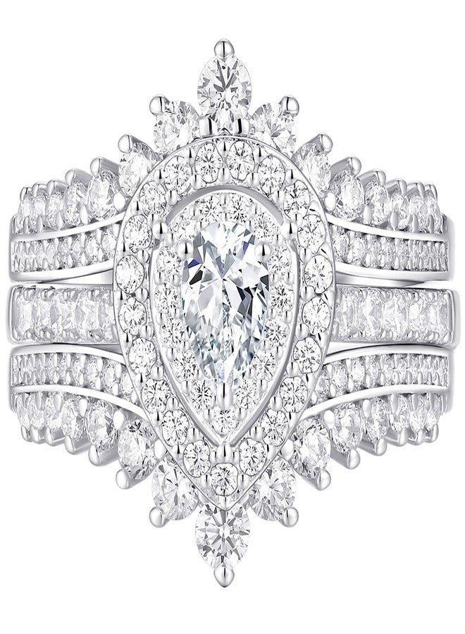 نيو شي جولري مجموعة خواتم زفاف من نيوشي للمجوهرات مرصعة بالزركونيا المكعبة للنساء، مصنوعة من الفضة الإسترليني عيار 925، تتضمن خاتم خطوبة، وخاتم زفاف إضافي، وخاتم زفاف بتصميم كمثري، ومناسب للسفر والذكرى السنوية، مقاس 8. - Image 1