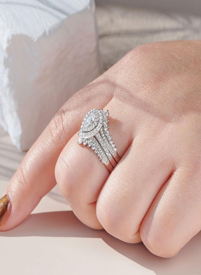 نيو شي جولري مجموعة خواتم زفاف من نيوشي للمجوهرات مرصعة بالزركونيا المكعبة للنساء، مصنوعة من الفضة الإسترليني عيار 925، تتضمن خاتم خطوبة، وخاتم زفاف إضافي، وخاتم زفاف بتصميم كمثري، ومناسب للسفر والذكرى السنوية، مقاس 8. - Image 5