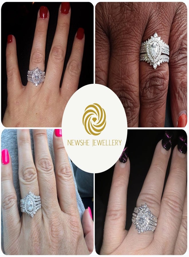 نيو شي جولري مجموعة خواتم زفاف من نيوشي للمجوهرات مرصعة بالزركونيا المكعبة للنساء، مصنوعة من الفضة الإسترليني عيار 925، تتضمن خاتم خطوبة، وخاتم زفاف إضافي، وخاتم زفاف بتصميم كمثري، ومناسب للسفر والذكرى السنوية، مقاس 8. - Image 2