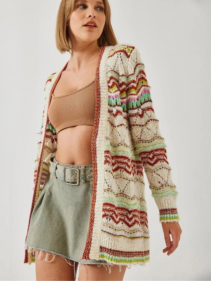 Bianco Lucci LUCCI Ethnic Patterned Long Sleeve Knit Cardigan