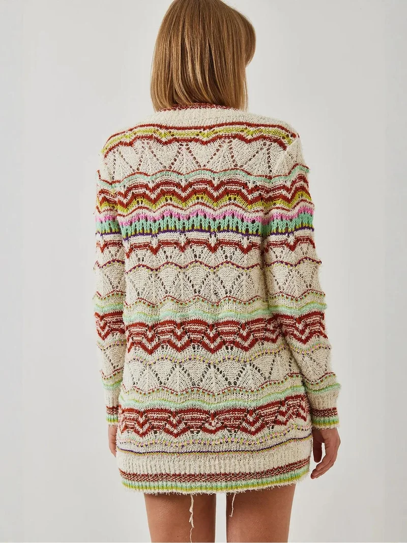 Bianco Lucci Ivory Natural LUCCI Ethnic Patterned Long Sleeve Knit Cardigan for Women | Best Price UAE