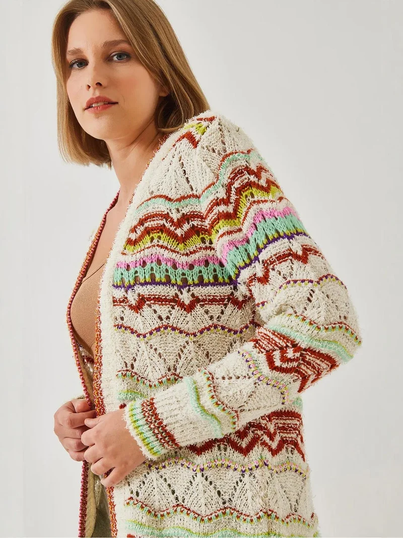 Bianco Lucci Ivory Natural LUCCI Ethnic Patterned Long Sleeve Knit Cardigan for Women | Best Price UAE