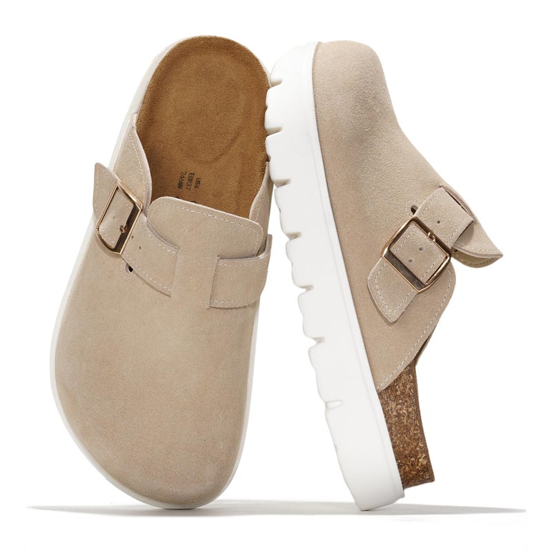 Project Cloud 100% Genuine Leather Platform Clogs for Women Footwear - Memory Foam Arch Support Cork Footbed Casual Shoes & Mules for Women 2026 (Benton Chunky, BEIG, 11) - Image 1
