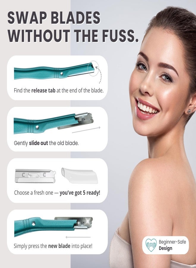 Jungle Culture Dermaplaning Tool - Facial Razor for Women with 5 Refill Blades - Reusable Eyebrow Shaper & Exfoliator - Teal - Image 5