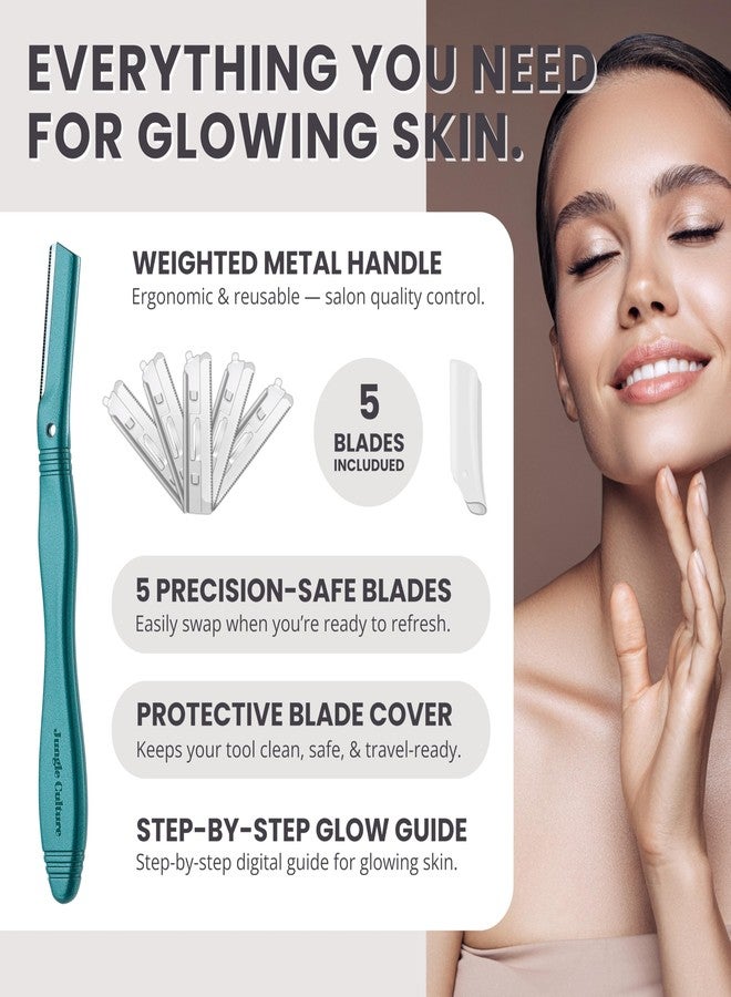 Jungle Culture Dermaplaning Tool - Facial Razor for Women with 5 Refill Blades - Reusable Eyebrow Shaper & Exfoliator - Teal - Image 4