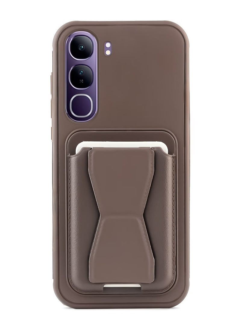 غطاء خلفي من الجلد مع محفظة بطاقات، جراب قابل للطي مقاوم للصدمات متوافق مع هاتف Vivo V40 Lite 4G (بني غامق)