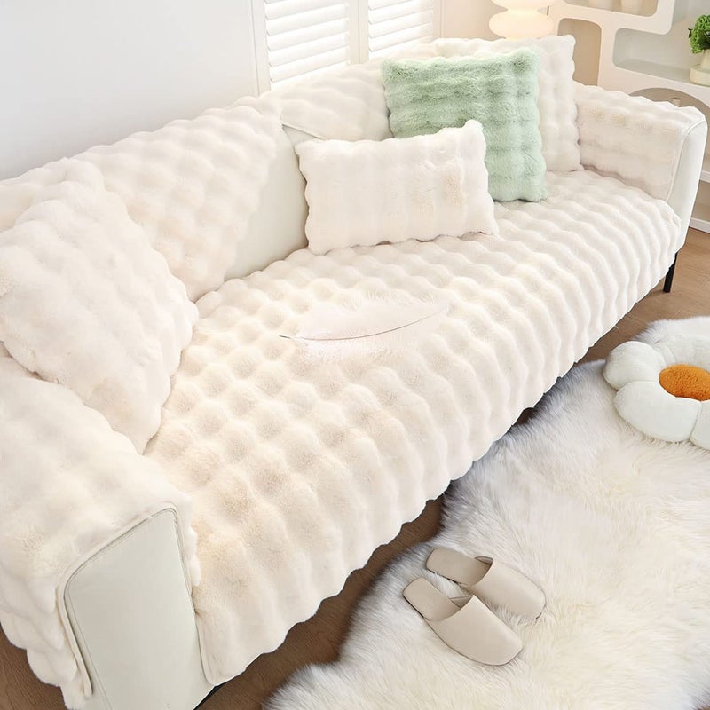 XSlive Soft Warm Faux Fur Couch Sofa Cover Thick Shaggy Fuzzy Sectional Couch Cover NonSlip Solid Color Plush Sofa Slipcover Furniture Protector for Kids Pets Cream28x28