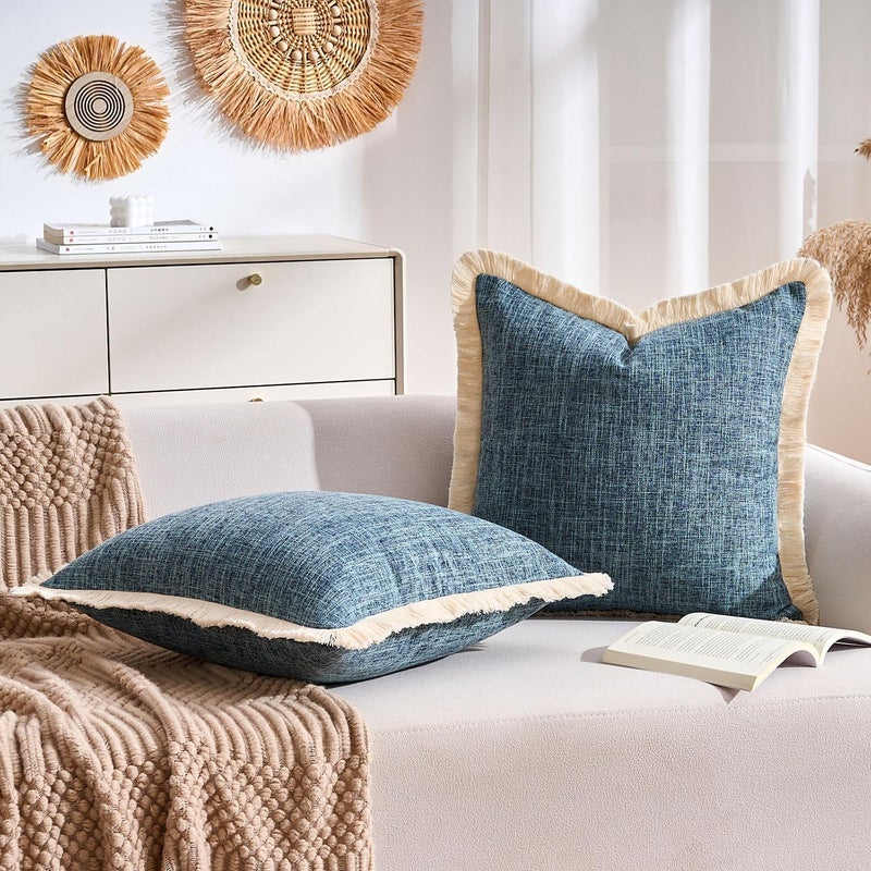 KWLET Couch Pillow Covers 20x20 Faux Linen Decorative Blue Farmhouse Throw Pillow Cover Boho with Tassels Fringed Rustic Woven Textured Burlap Cushion Cases for Couch Sofa Bed Living Home Decor Set of 2 - Image 2