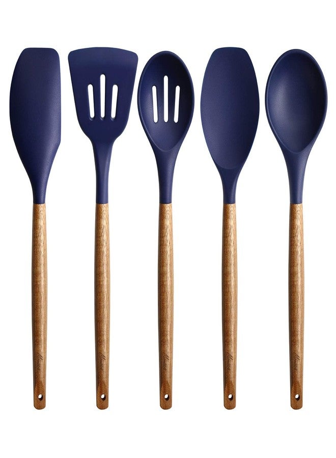 Miusco Non-Stick Silicone Kitchen Utensils Set with Natural Acacia Hard Wood Handle, 5 Piece, Midnight Blue, BPA Free, Baking & Serving Silicone Cooking Utensils - Image 1