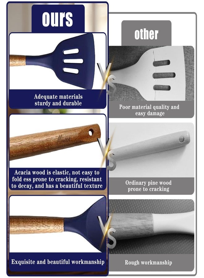 Miusco Non-Stick Silicone Kitchen Utensils Set with Natural Acacia Hard Wood Handle, 5 Piece, Midnight Blue, BPA Free, Baking & Serving Silicone Cooking Utensils - Image 4