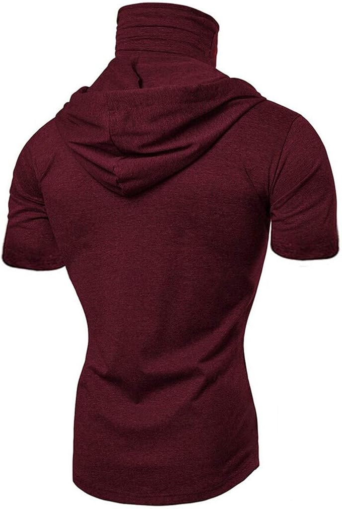 Mens Short Sleeves Hoodies with Face Cover, Summer Casual Solid Hooded Sweatshirt Tank Tops Red