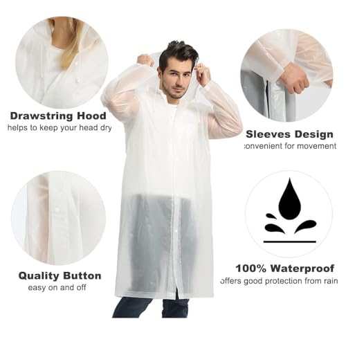 Opret 2 Pack Portable EVA Raincoats for Adults, Reusable Rain Ponchos with Hoods and Sleeves Lightweight Raincoats, Perfect for Outdoor Activities, White - Image 3