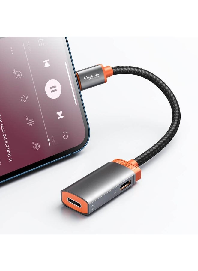Dual Lightning 2 in 1 Adapter CA-049 - Simultaneous charging and music playback with high-quality audio - Digital decoder chip for clear sound - Supports 2.4A charging speed - Stylish aluminum alloy design with 7cm TPE cable - Compatible with iPhone and iPad