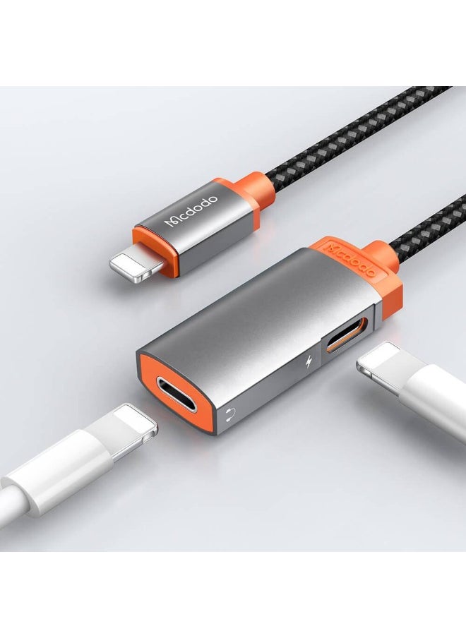 Dual Lightning 2 in 1 Adapter CA-049 - Simultaneous charging and music playback with high-quality audio - Digital decoder chip for clear sound - Supports 2.4A charging speed - Stylish aluminum alloy design with 7cm TPE cable - Compatible with iPhone and iPad