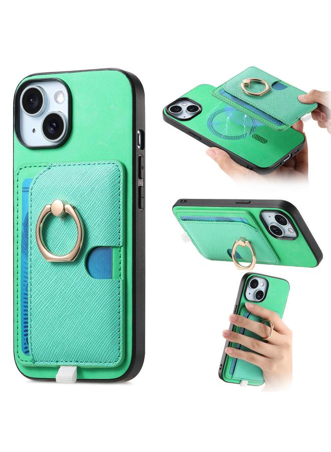 S-TOP Case For iPhone 15 Plus Retro Cross Leather Ring Side Insert Card Bag MagSafe Phone Case - Image 1