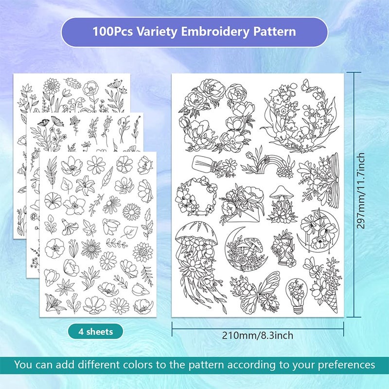 ORIGACH 4 Sheets 105 Pcs Water Soluble Embroidery Patterns Stabilizers - Pre-Printed Floral, Flowering Shrubs & Leaves Designs - Stick & Stitch Embroidery Paper for Hand Sewing Lovers - Image 2