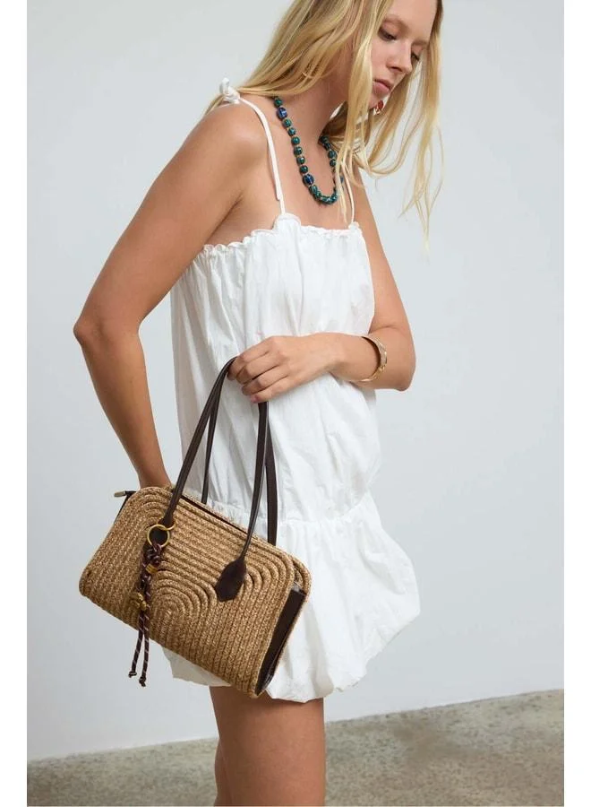 Shule Bags  Giorno Charmlı Straw Shoulder Bag – Coffee. for Women | Best Price UAE