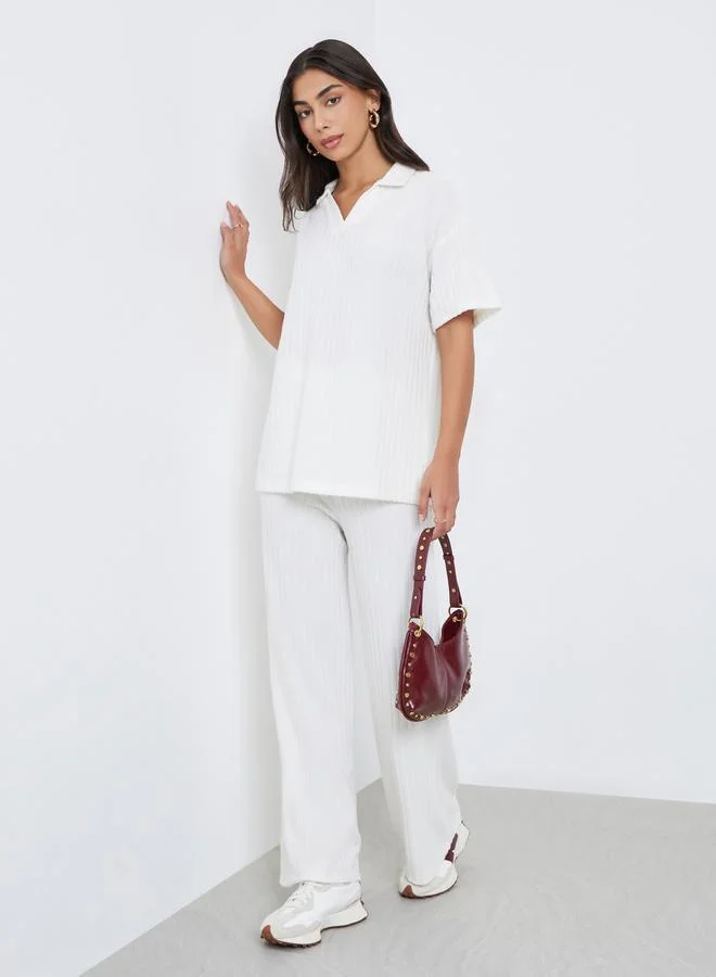 Styli Styli White Ribbed Collared Oversized Top
