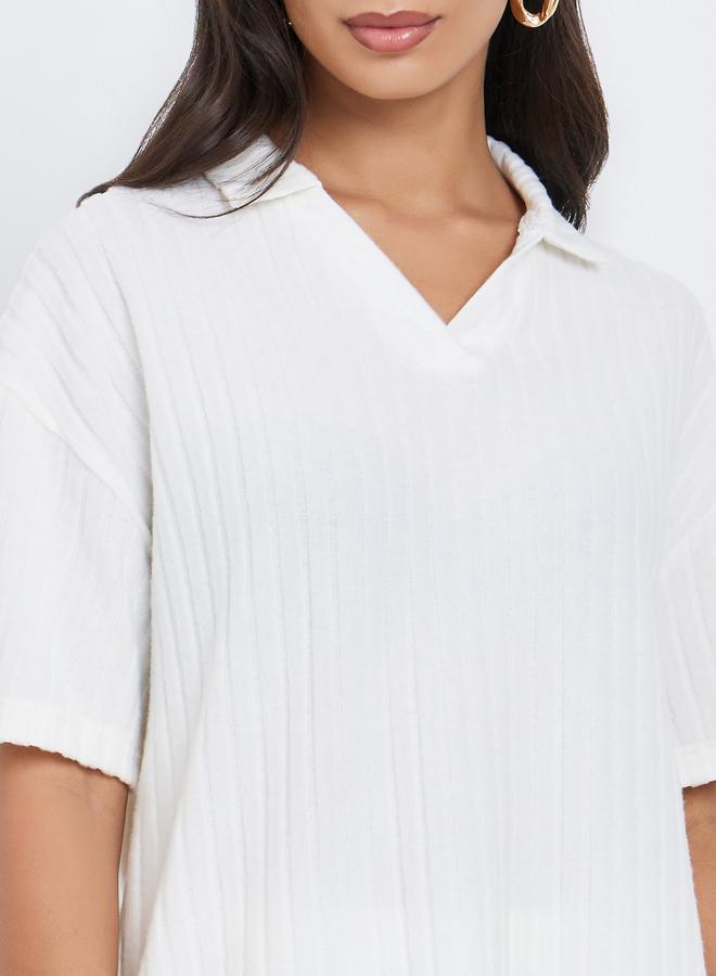 Styli White Ribbed Collared Oversized Top - Image 4