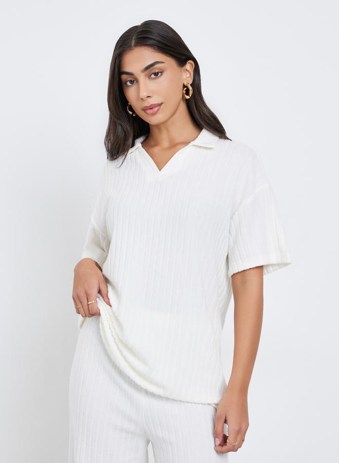 Styli White Ribbed Collared Oversized Top - Image 1