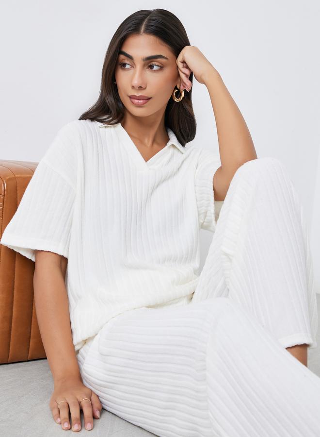 Styli White Ribbed Collared Oversized Top - Image 3