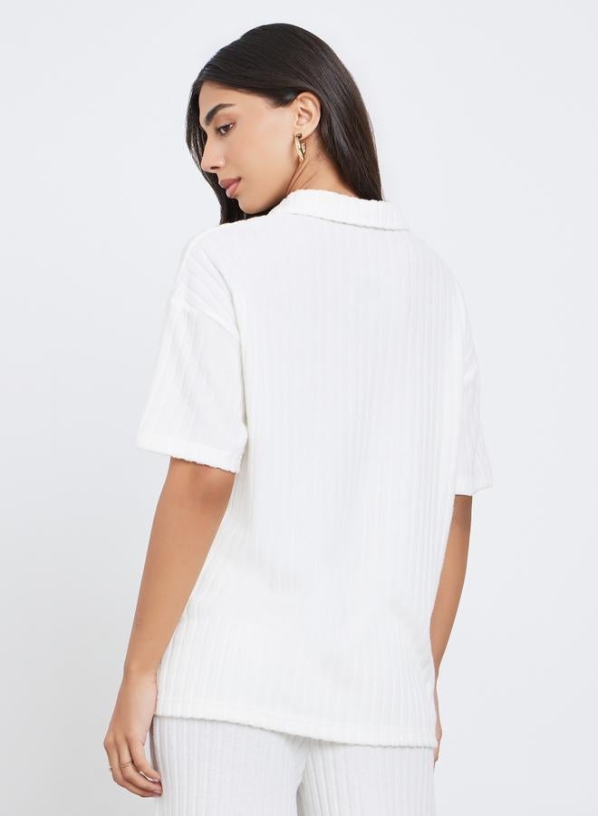 Styli White Ribbed Collared Oversized Top - Image 5
