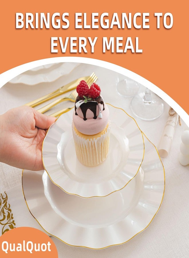QualQuot 175PCS Gold and White Plastic Dinnerware Set, Plastic Party Plates for 25 Guests, 50 Disposable Plates, 25 Heavy Duty Silverware, 25 Cups, 25 Napkins for Party and Wedding - Image 5