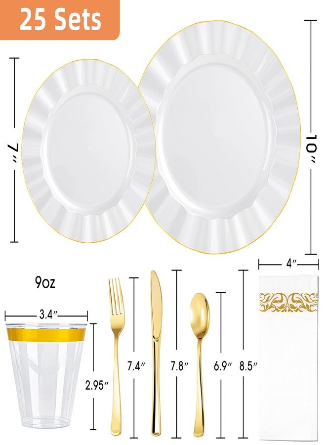 QualQuot 175PCS Gold and White Plastic Dinnerware Set, Plastic Party Plates for 25 Guests, 50 Disposable Plates, 25 Heavy Duty Silverware, 25 Cups, 25 Napkins for Party and Wedding - Image 3