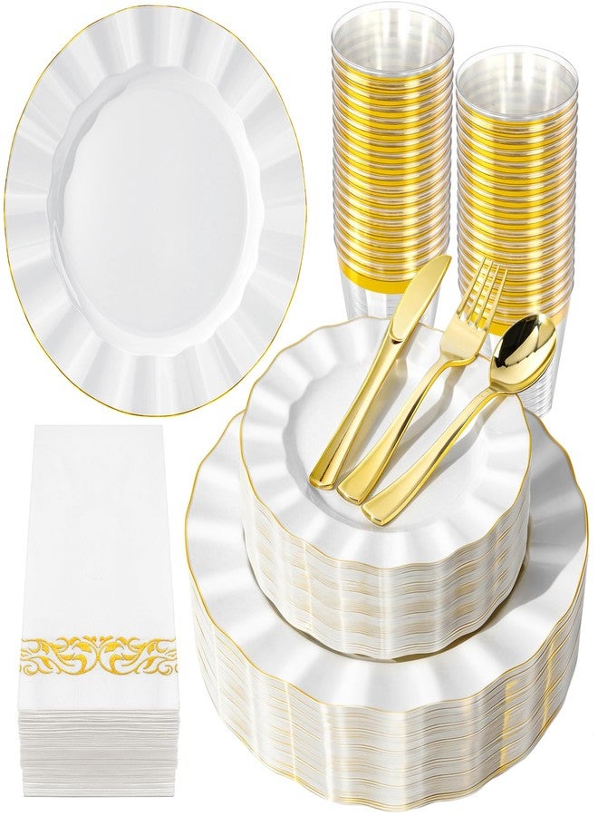 QualQuot 175PCS Gold and White Plastic Dinnerware Set, Plastic Party Plates for 25 Guests, 50 Disposable Plates, 25 Heavy Duty Silverware, 25 Cups, 25 Napkins for Party and Wedding - Image 1