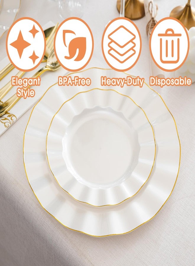 QualQuot 175PCS Gold and White Plastic Dinnerware Set, Plastic Party Plates for 25 Guests, 50 Disposable Plates, 25 Heavy Duty Silverware, 25 Cups, 25 Napkins for Party and Wedding - Image 2