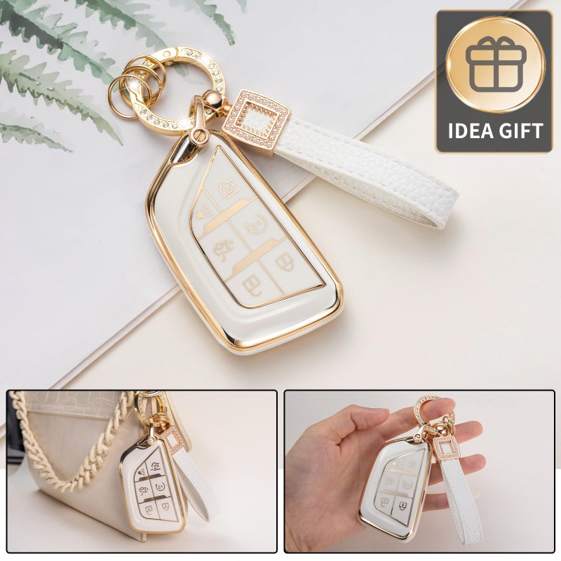 CACARLIKE for Cadillac Key Fob Cover with Leather Lanyard, Car Key Fob Case Compatible with Cadillac Escalade or Escalade ESV 2021 2022 2023 Smart Key Protector Holder - Image 4